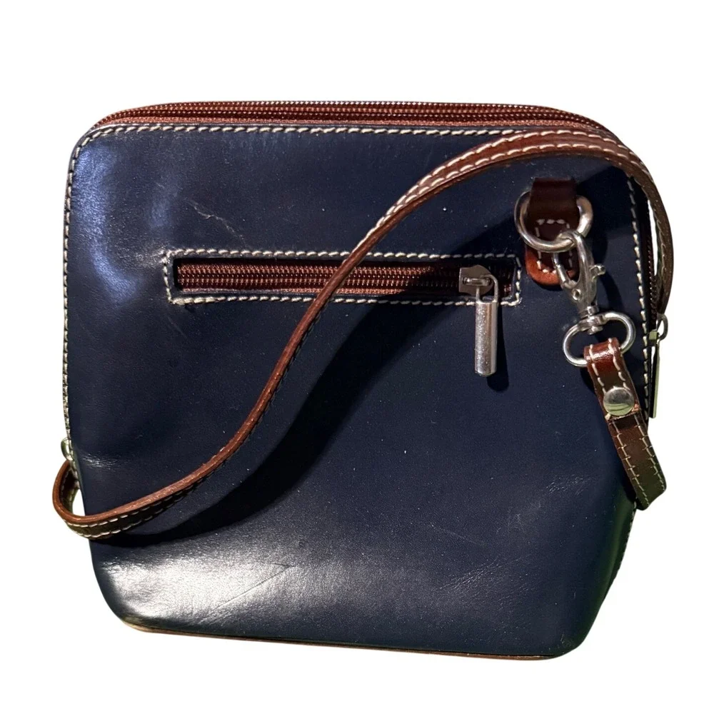 Vintage Navy Blue Leather Crossbody Dome Bag Brown Trim Contrast Stitching Italy